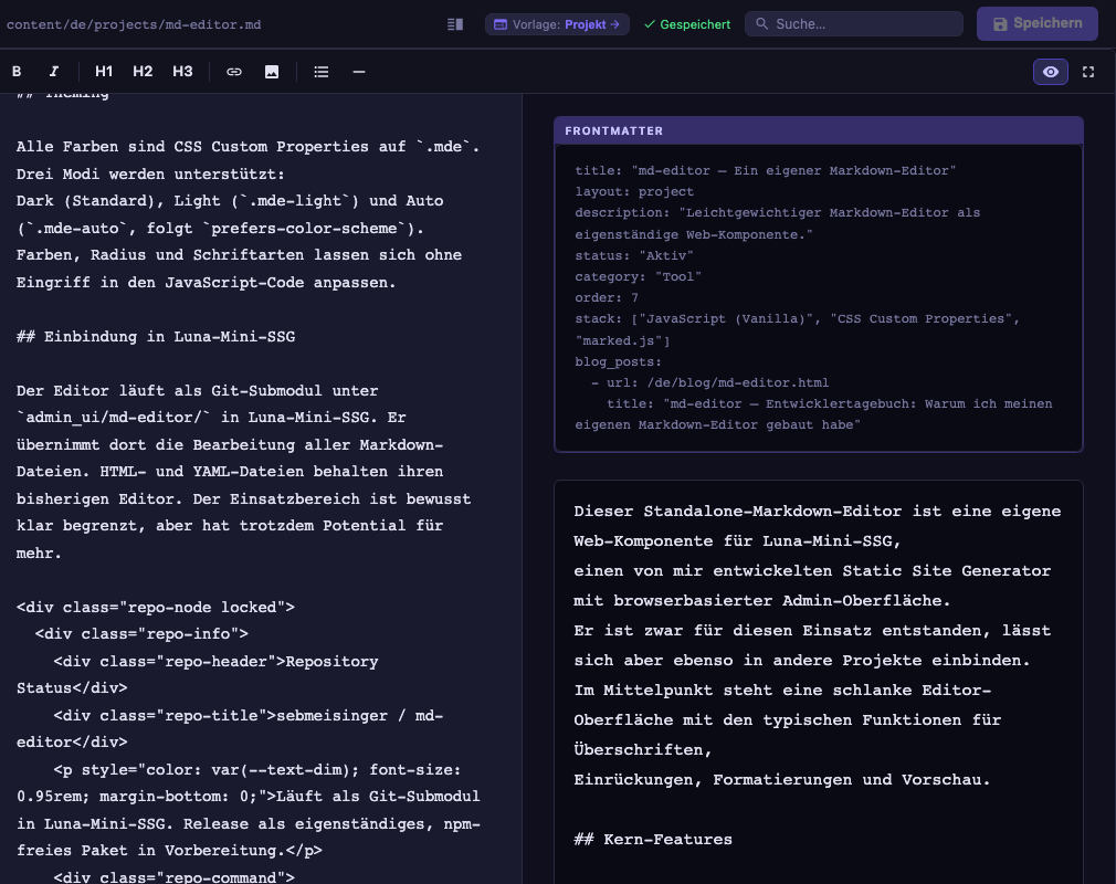 md-editor – Split-View mit Editor links und live Preview rechts